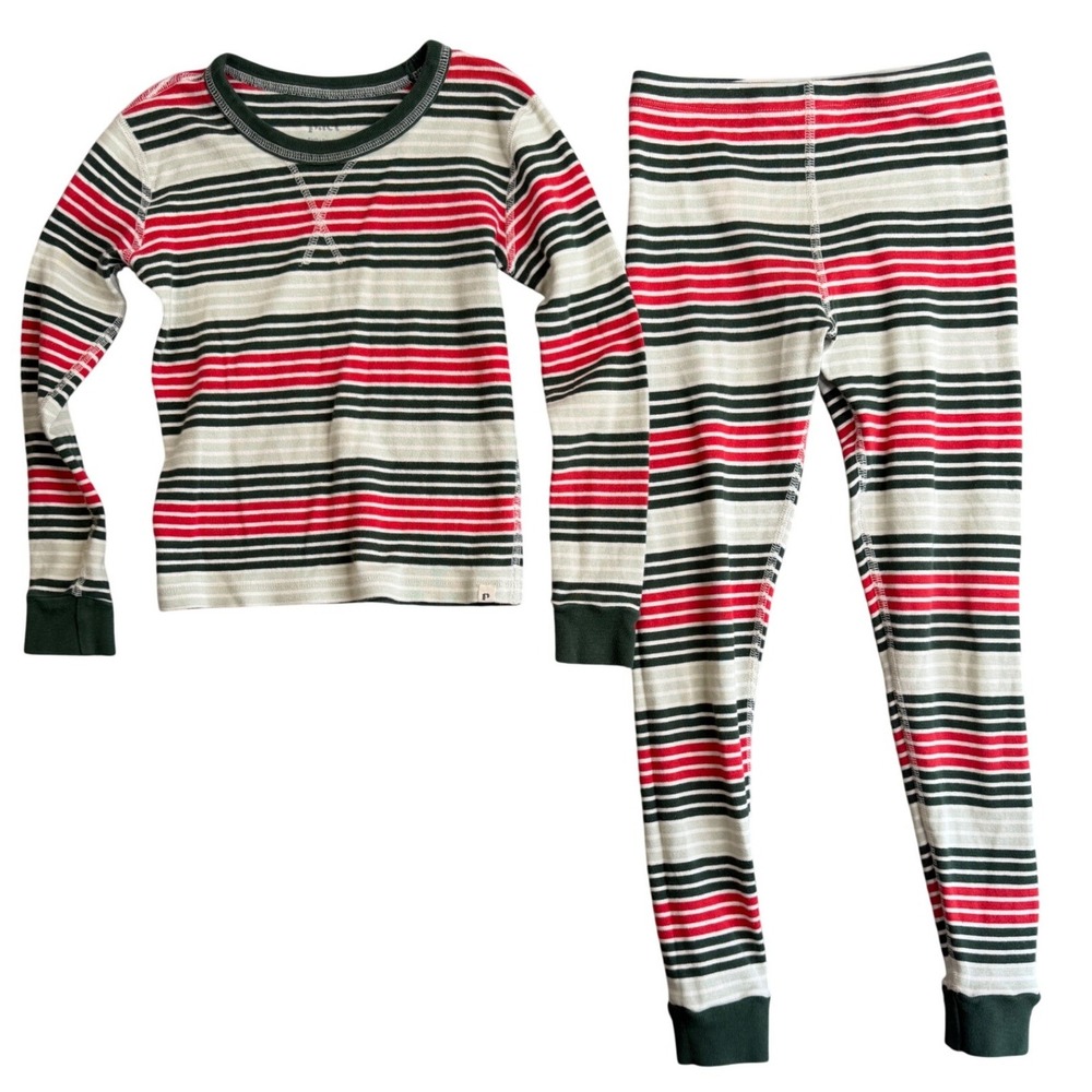 Pact Organic Cotton Striped Pajama Set Kids 7 Green Red White Ribbed Holiday PJs